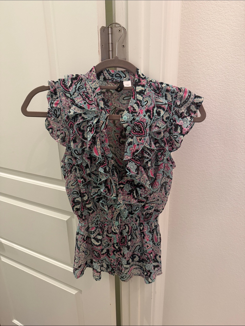 Divided Ruffled Paisley Blouse in Pink & Teal
